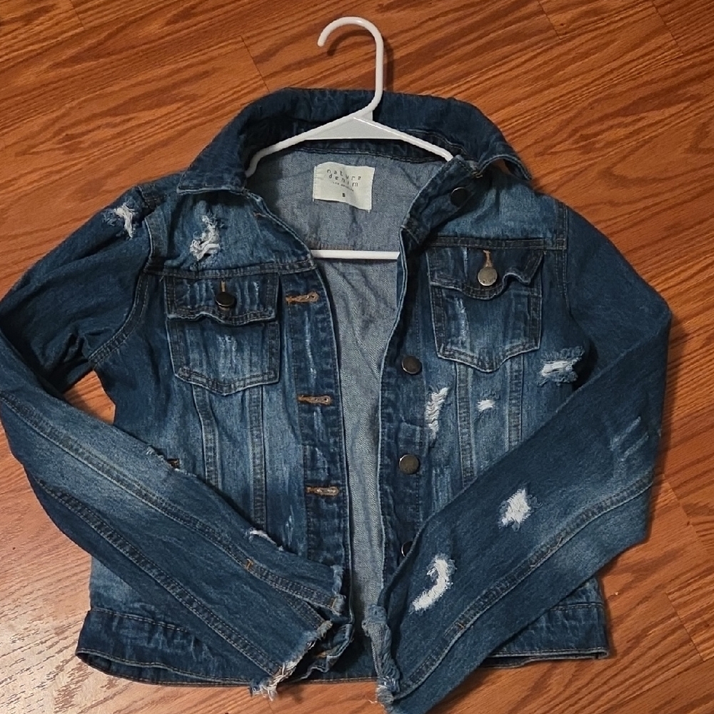 Distressed Dark Wash Denim Jacket - Blue